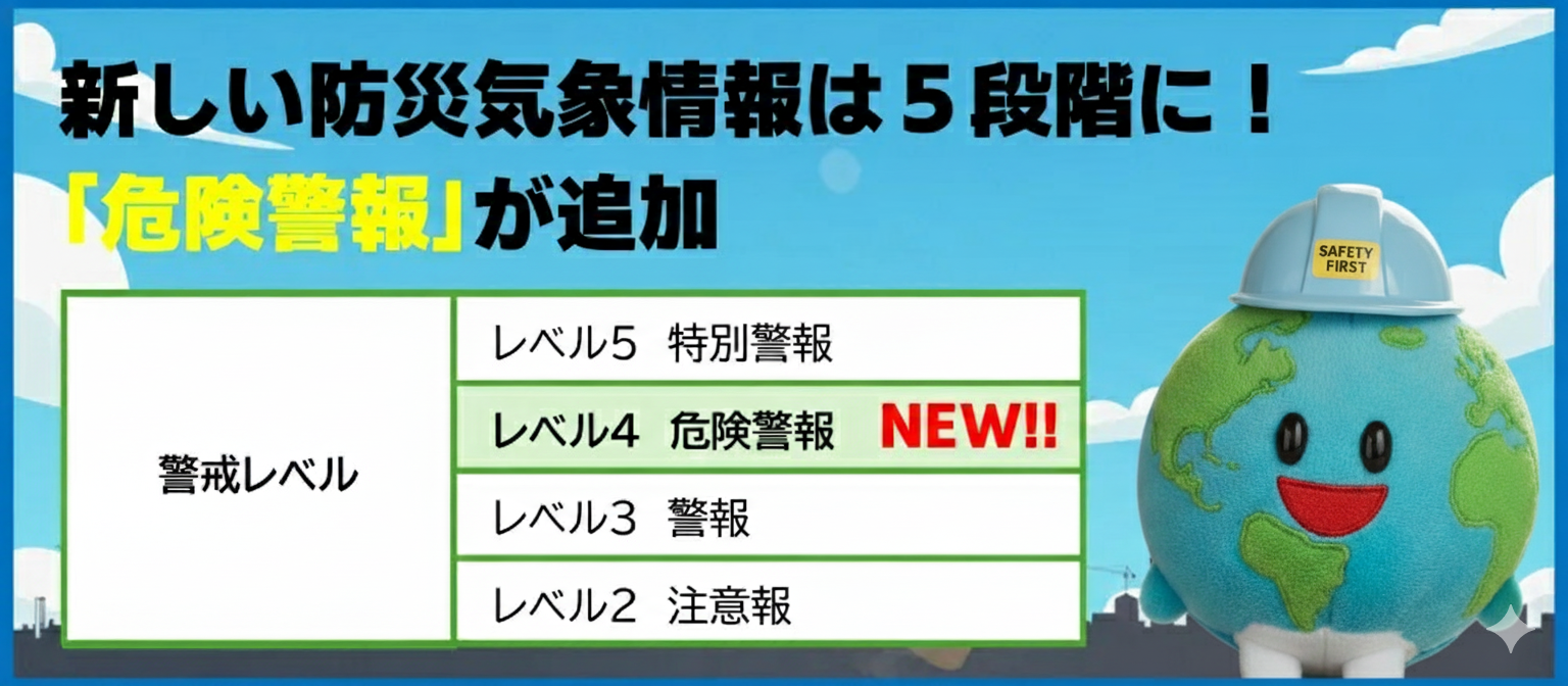 「危険警報」が追加　新しい防災気象情報は５段階に